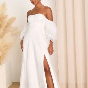 Lulu's White Strapless Gown with Bishop Sleeves